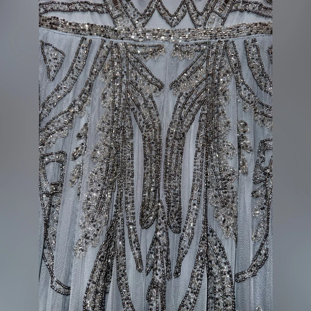 NWT |Mac Duggal A5434 Silver Short Sleeve Beaded A-line Tea Length Dress Size 10 - Picture 13 of 16